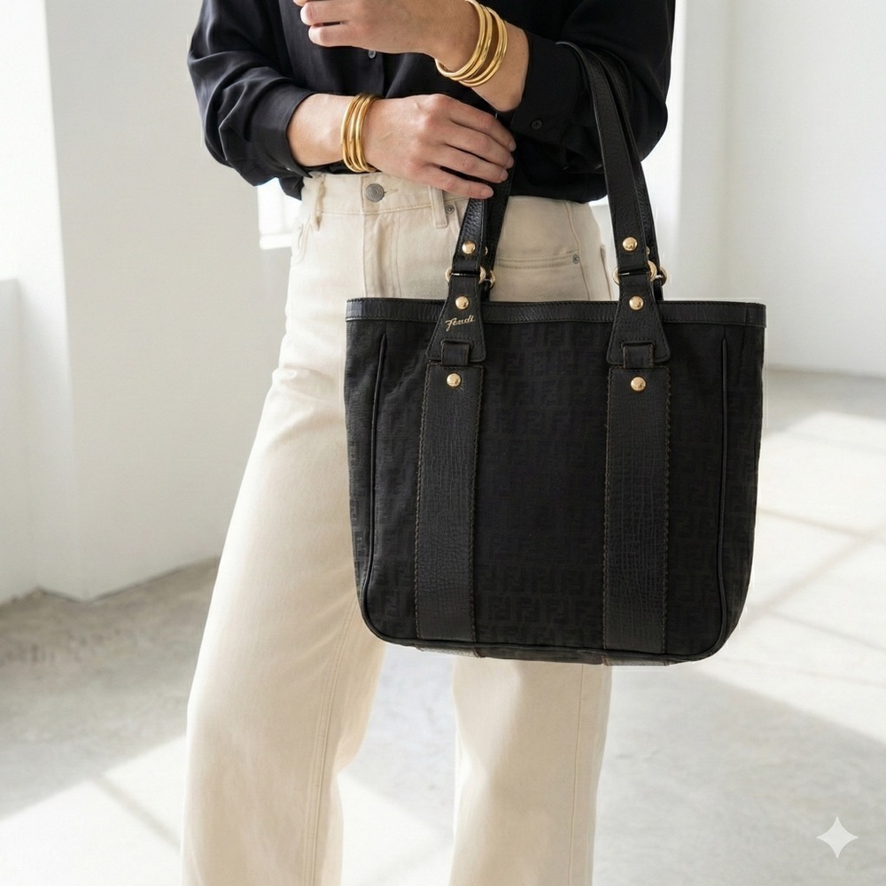 Vintage Fendi black canvas & leather Zucca Zucchino FF logo top handle tote bag